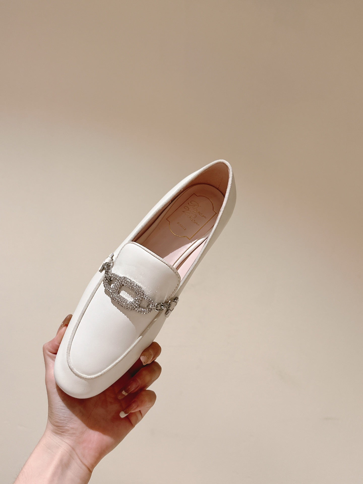 STRASS CHAIN LOAFERS IN WHITE CALFSKIN WITH CRYSTAL CHAIN DETAIL - 34