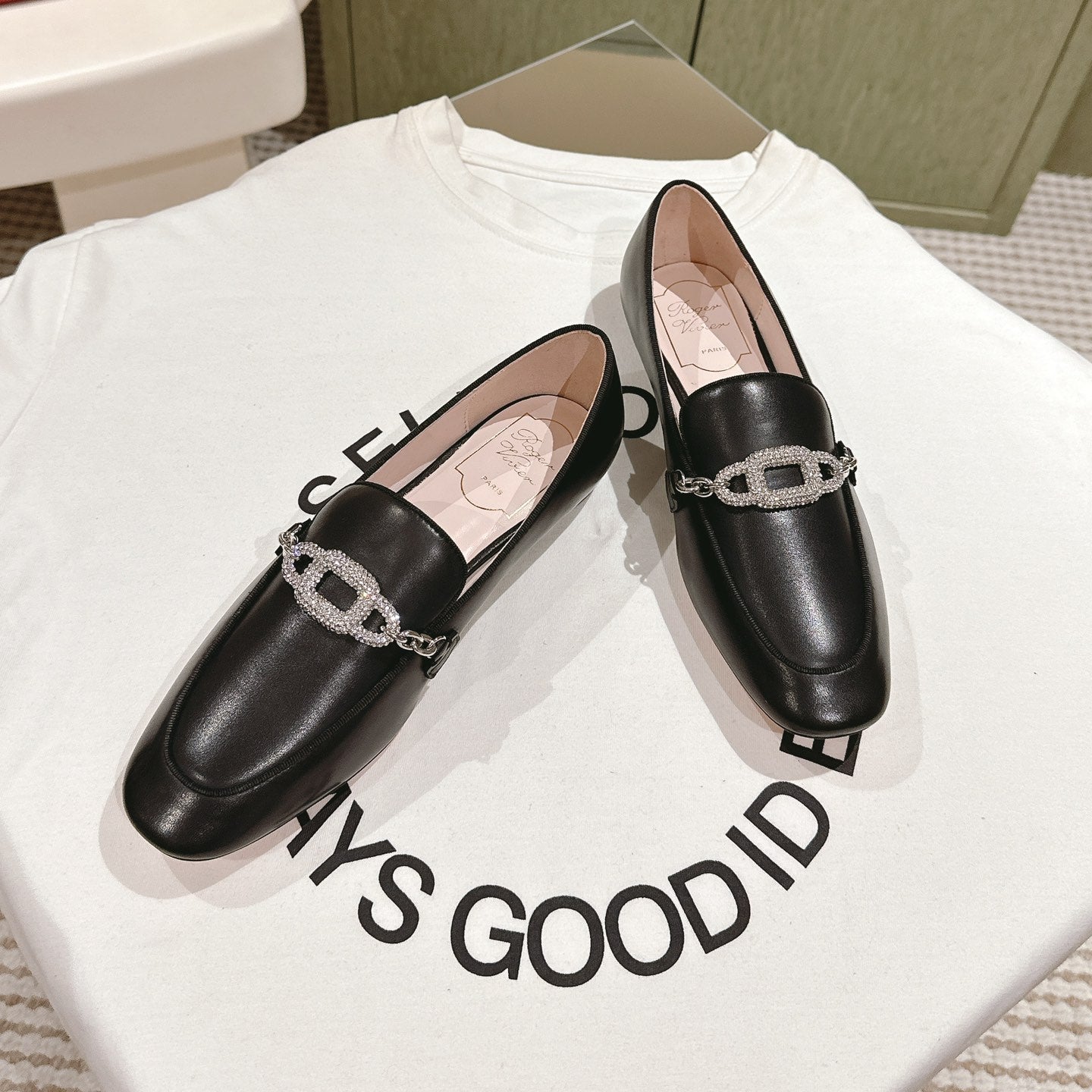 STRASS CHAIN LOAFERS IN BLACK CALFSKIN WITH CRYSTAL CHAIN DETAIL - 34