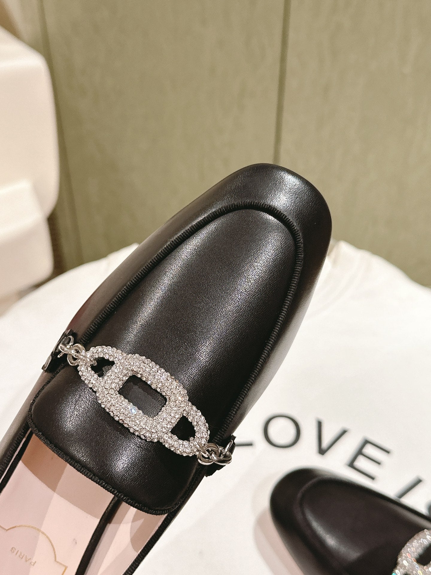 STRASS CHAIN LOAFERS IN BLACK CALFSKIN WITH CRYSTAL CHAIN DETAIL - 34