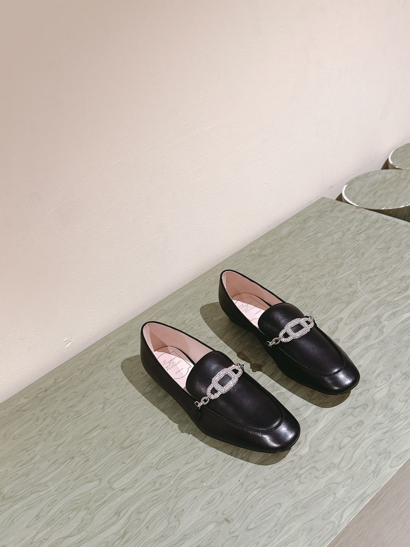 STRASS CHAIN LOAFERS IN BLACK CALFSKIN WITH CRYSTAL CHAIN DETAIL - 34