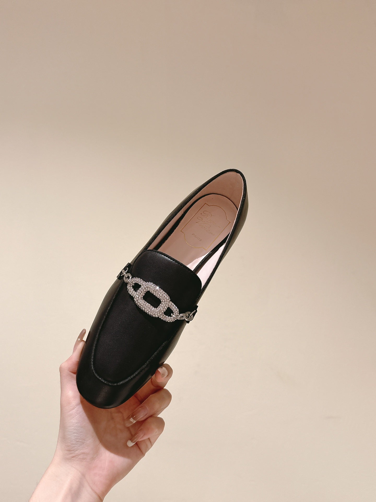 STRASS CHAIN LOAFERS IN BLACK CALFSKIN WITH CRYSTAL CHAIN DETAIL - 34