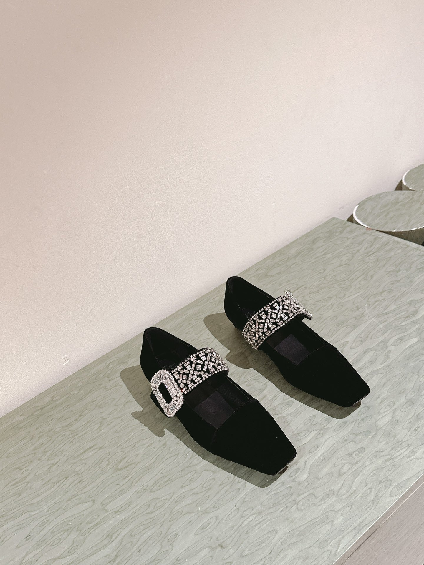 MARY JANES IN BLACK VELVET WITH CRYSTAL EMBELLISHED STRAP - 34