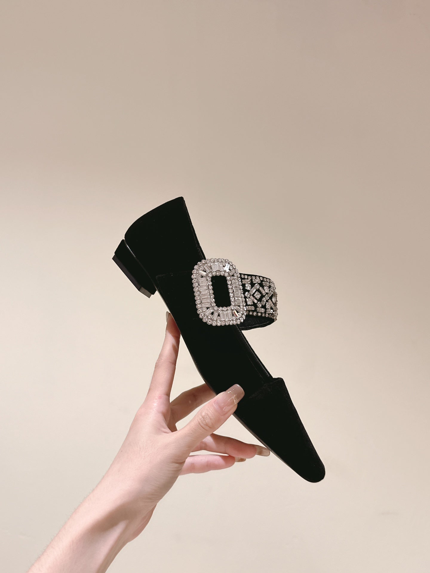 MARY JANES IN BLACK VELVET WITH CRYSTAL EMBELLISHED STRAP - 34