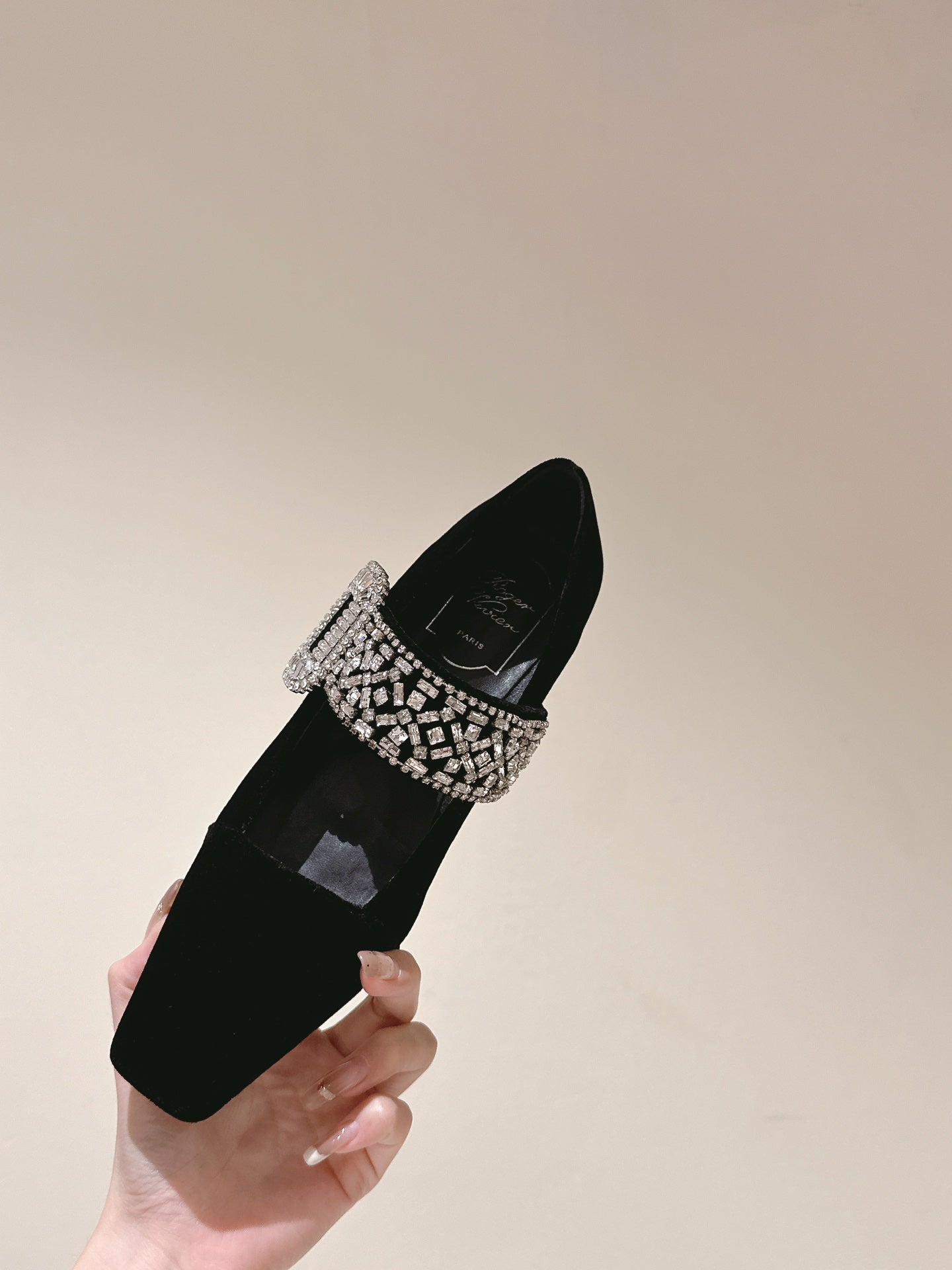 MARY JANES IN BLACK VELVET WITH CRYSTAL EMBELLISHED STRAP - 34