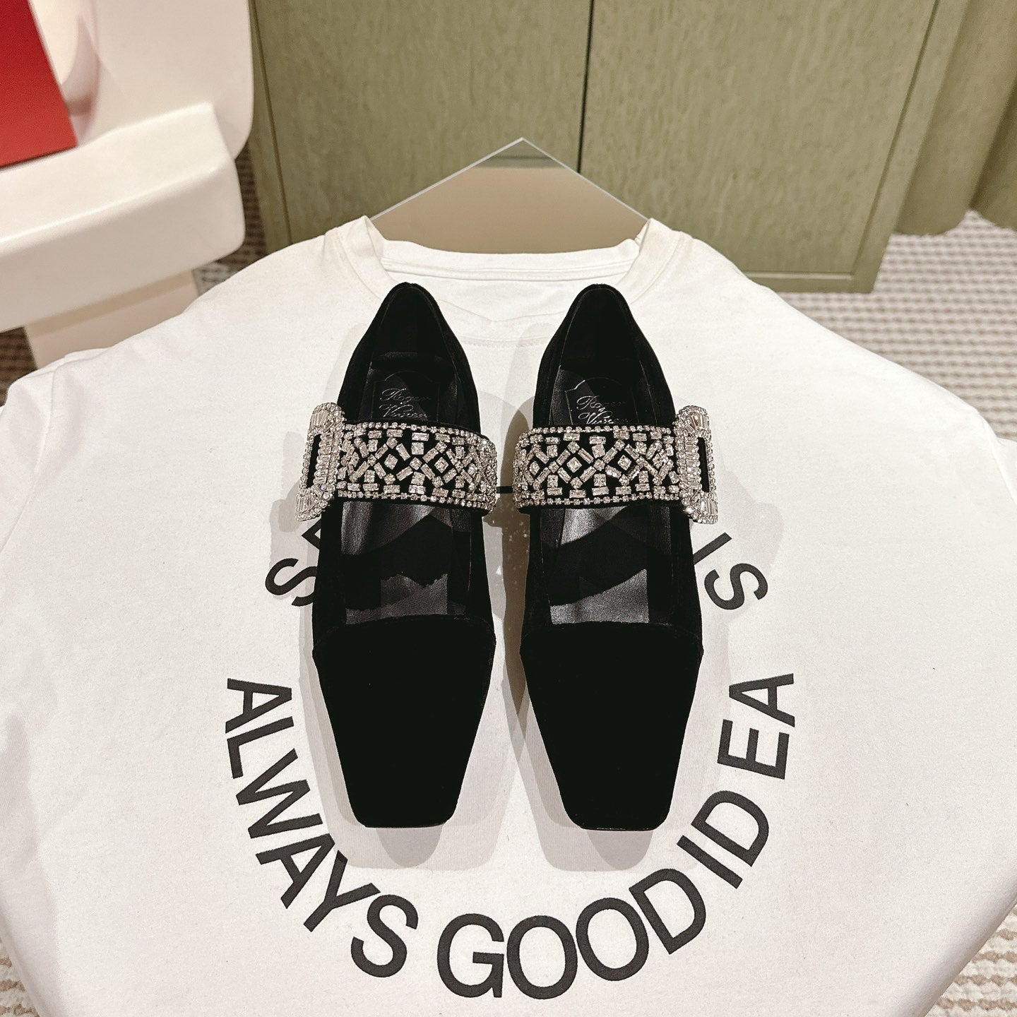 MARY JANES IN BLACK VELVET WITH CRYSTAL EMBELLISHED STRAP - 34