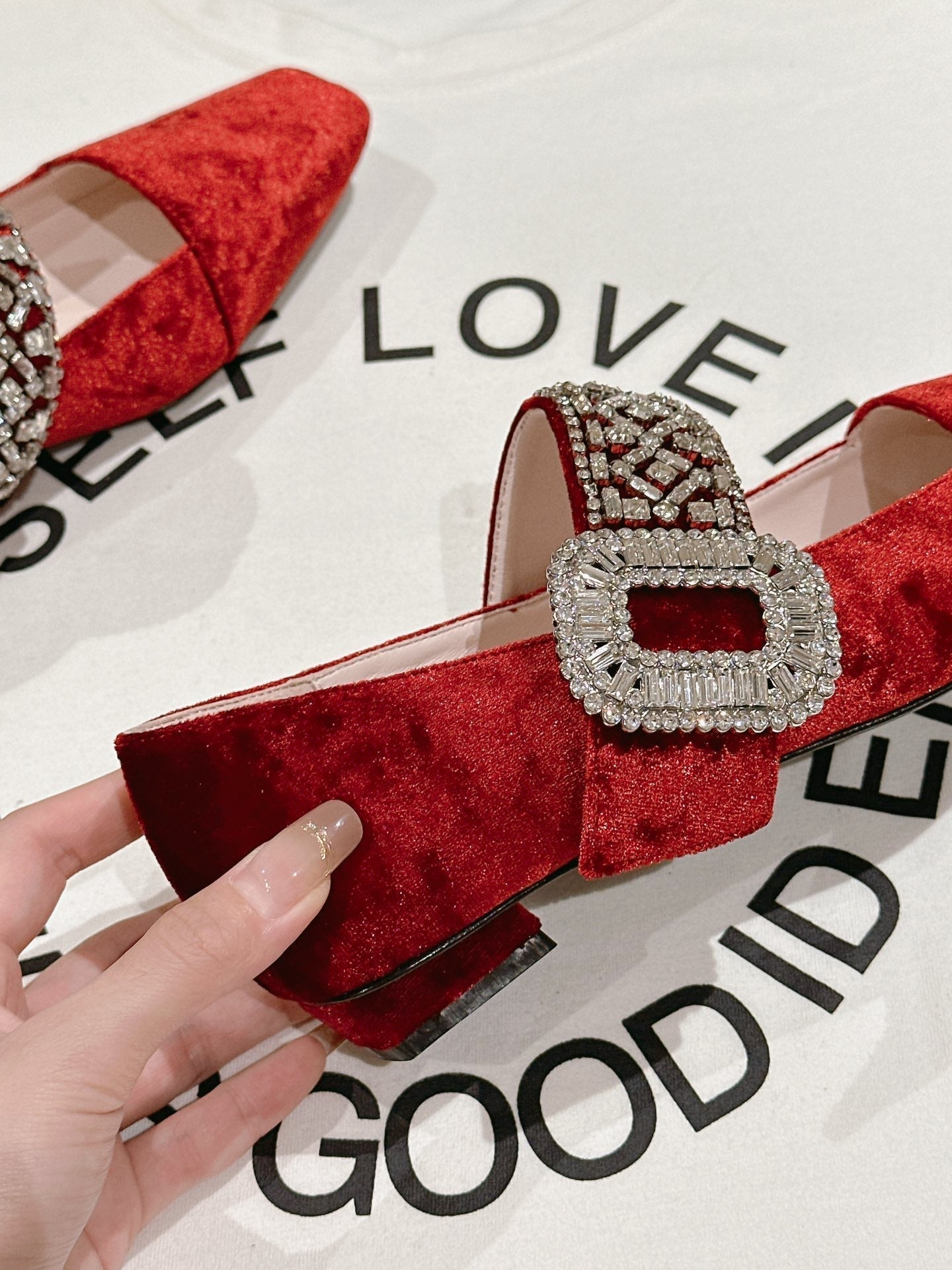 MARY JANES IN RED VELVET WITH CRYSTAL EMBELLISHED STRAP - 34