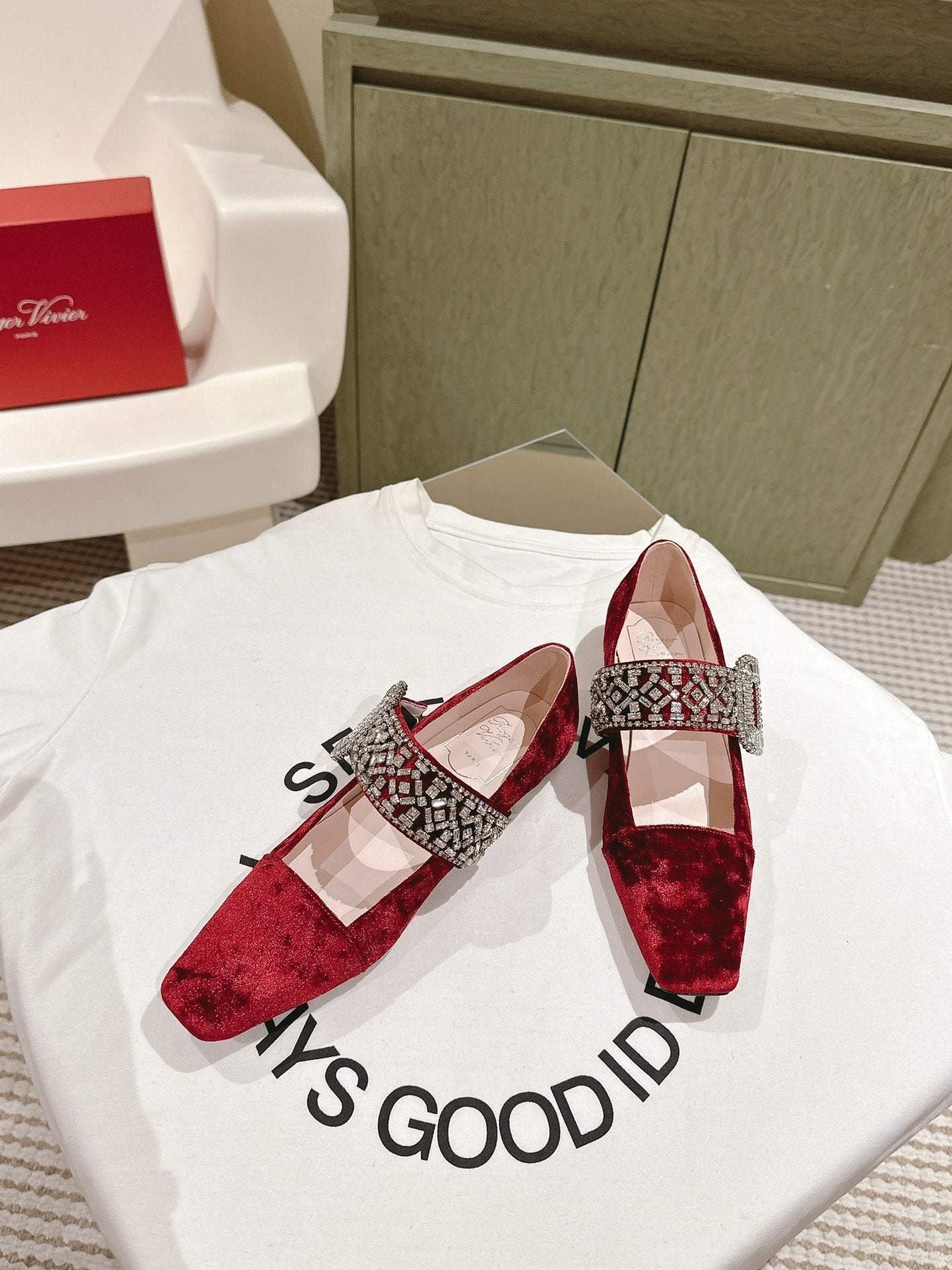 MARY JANES IN RED VELVET WITH CRYSTAL EMBELLISHED STRAP - 34