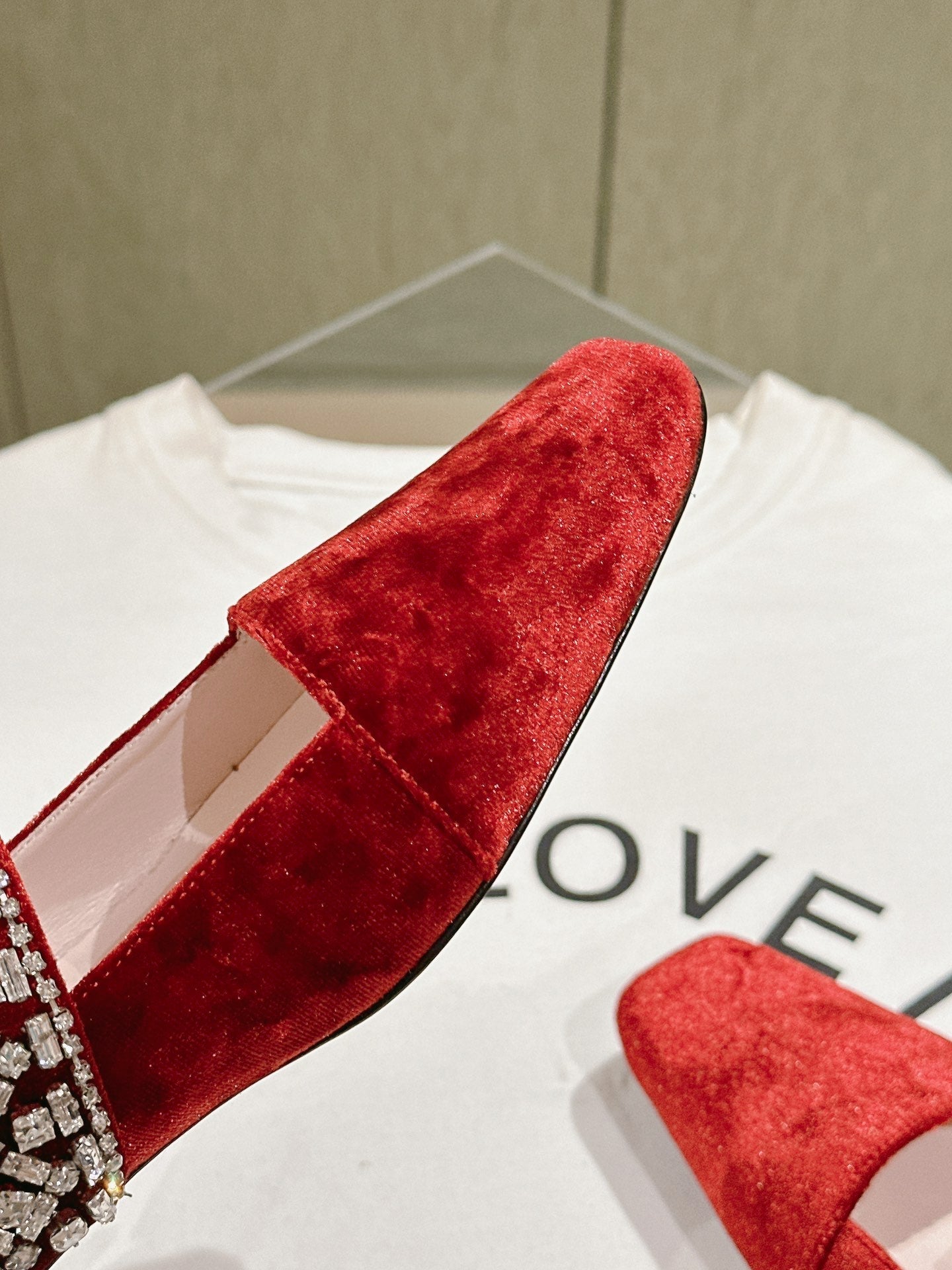 MARY JANES IN RED VELVET WITH CRYSTAL EMBELLISHED STRAP - 34