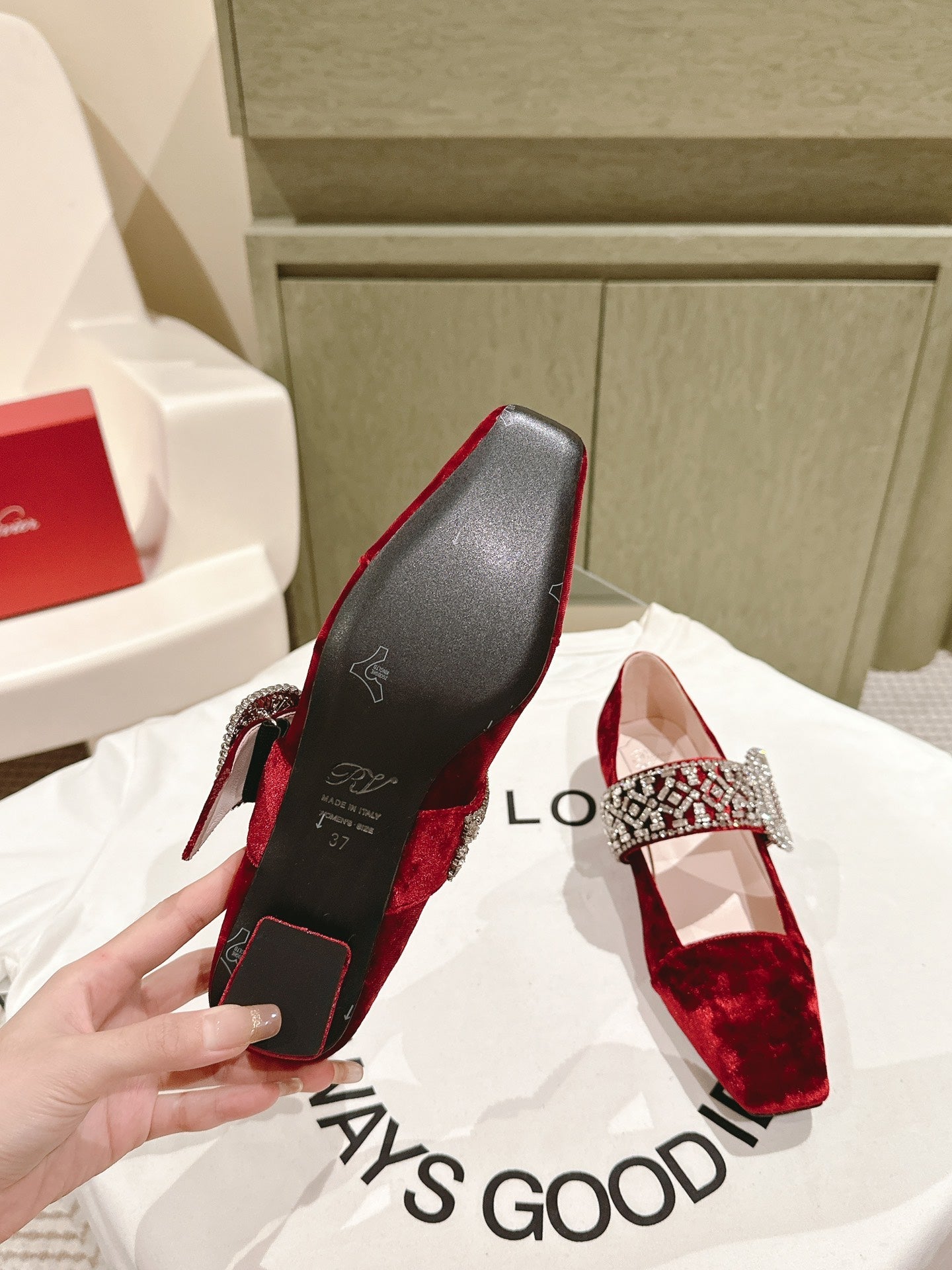 MARY JANES IN RED VELVET WITH CRYSTAL EMBELLISHED STRAP - 34