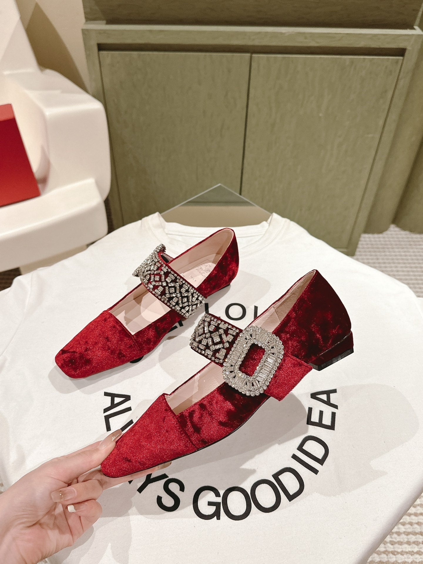 MARY JANES IN RED VELVET WITH CRYSTAL EMBELLISHED STRAP - 34