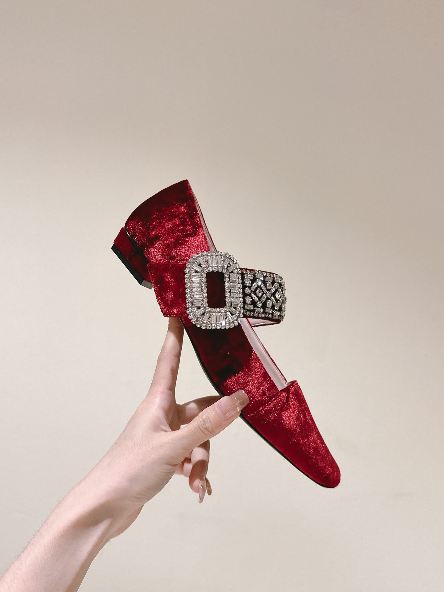MARY JANES IN RED VELVET WITH CRYSTAL EMBELLISHED STRAP - 34