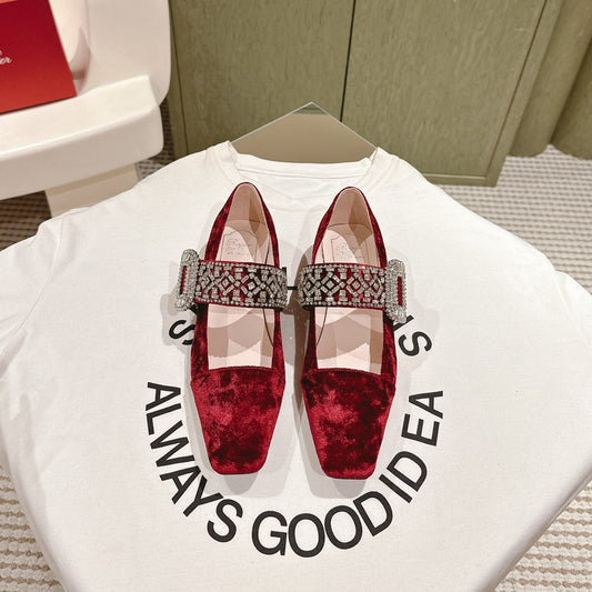 MARY JANES IN RED VELVET WITH CRYSTAL EMBELLISHED STRAP - 34