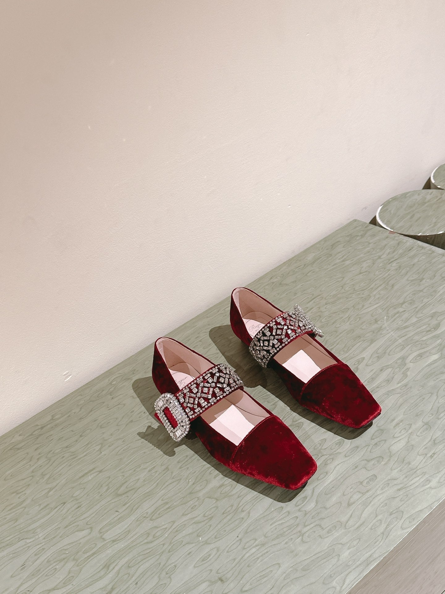MARY JANES IN RED VELVET WITH CRYSTAL EMBELLISHED STRAP - 34