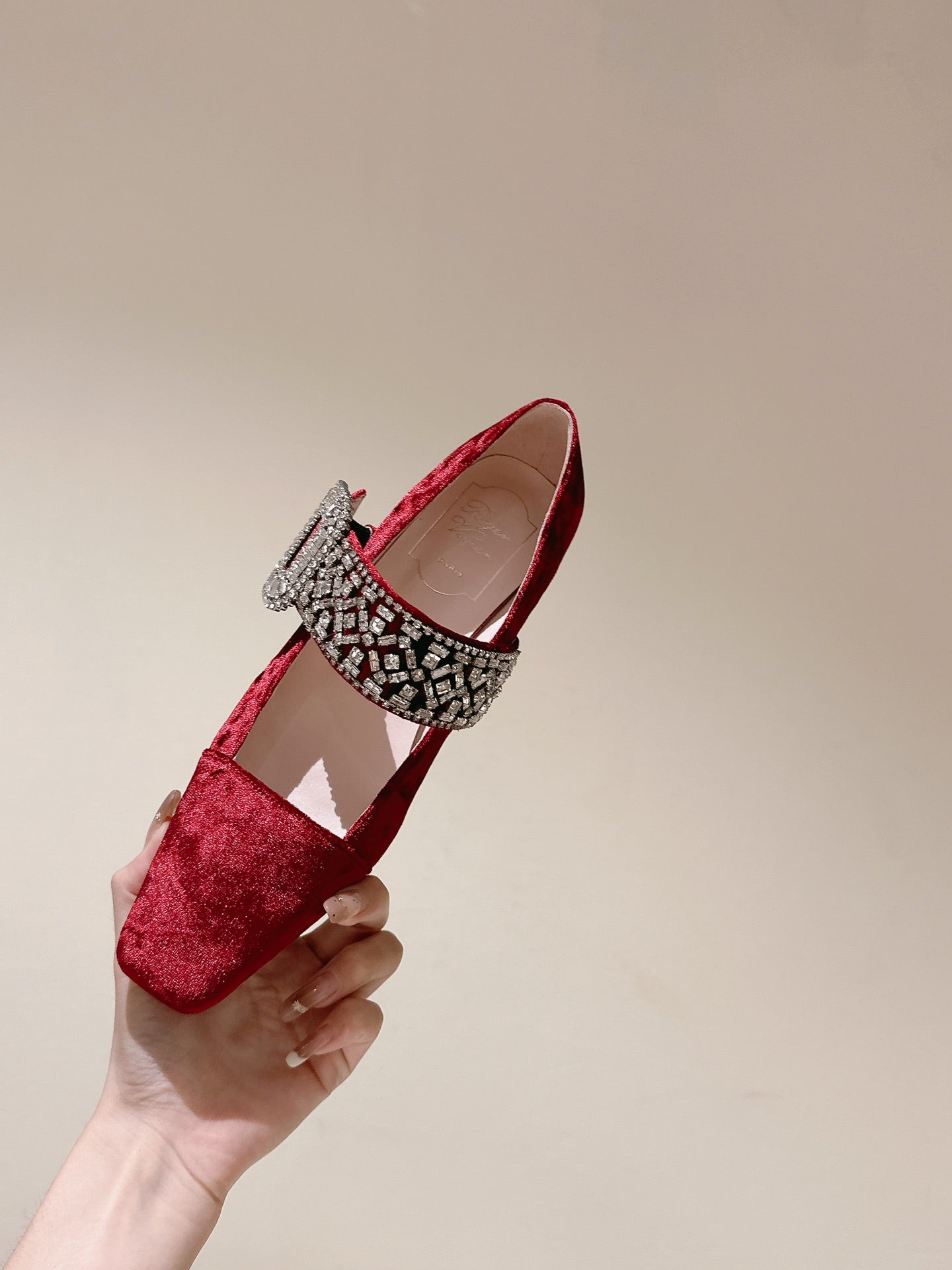 MARY JANES IN RED VELVET WITH CRYSTAL EMBELLISHED STRAP - 34