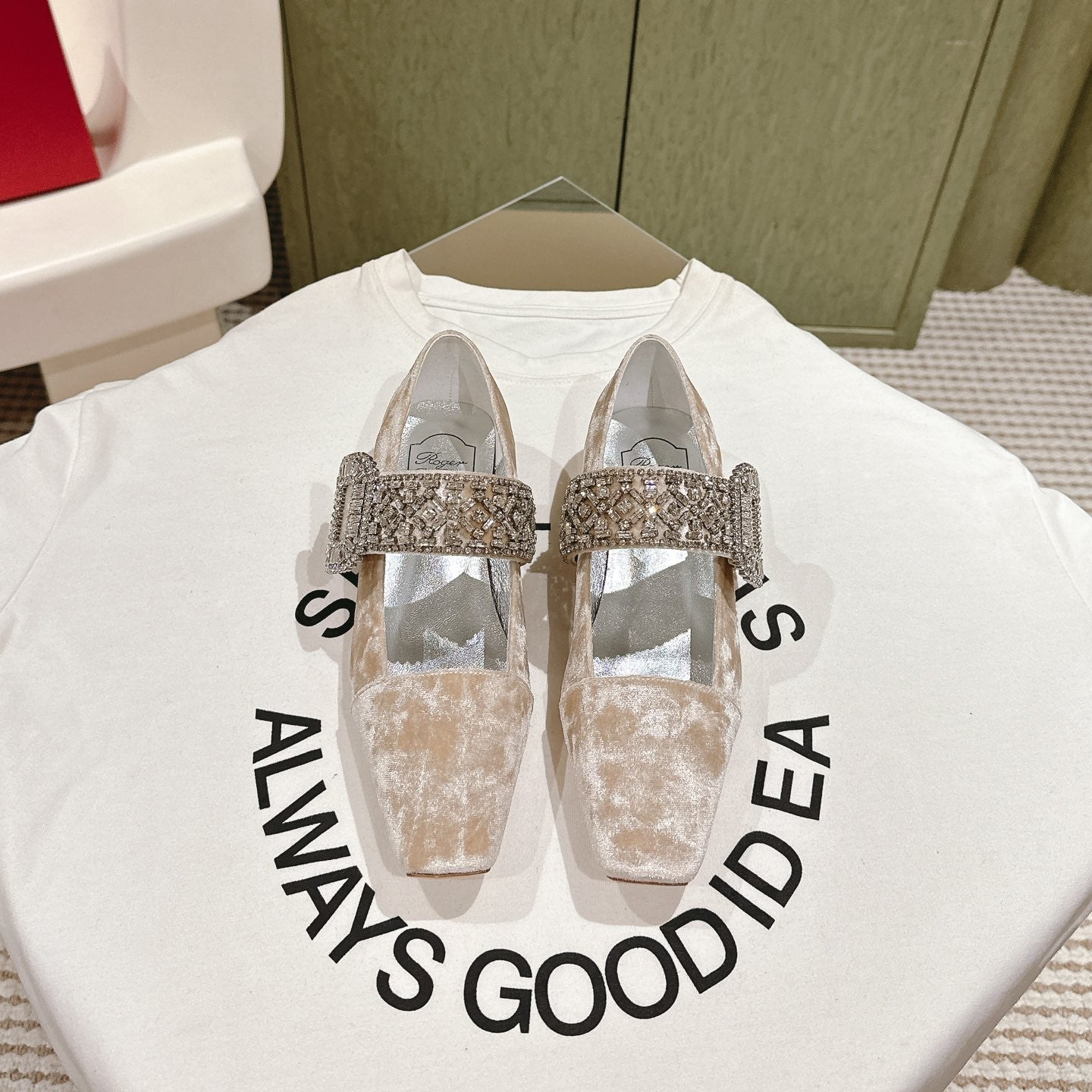 MARY JANES IN BEIGE VELVET WITH CRYSTAL EMBELLISHED STRAP - 34