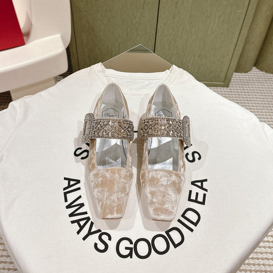 MARY JANES IN BEIGE VELVET WITH CRYSTAL EMBELLISHED STRAP - 34