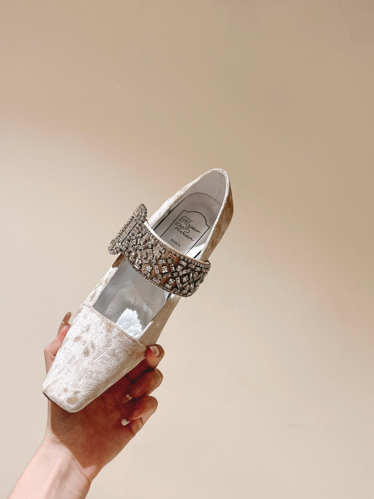 MARY JANES IN BEIGE VELVET WITH CRYSTAL EMBELLISHED STRAP - 34