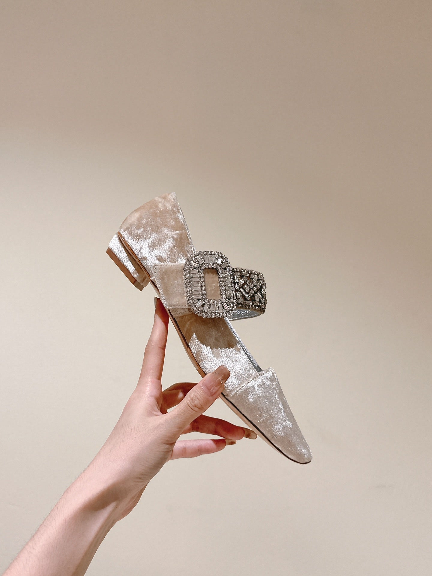 MARY JANES IN BEIGE VELVET WITH CRYSTAL EMBELLISHED STRAP - 34