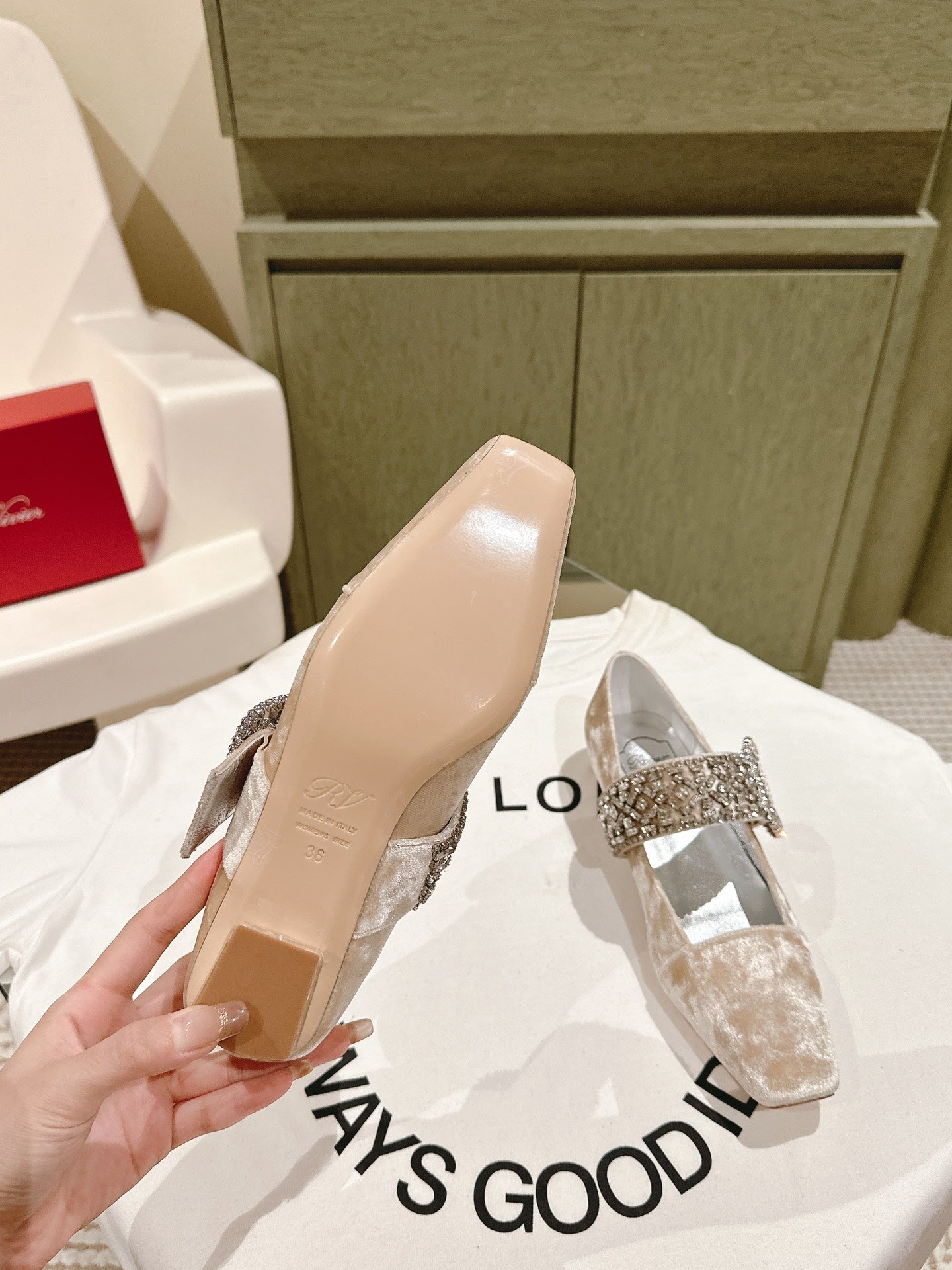 MARY JANES IN BEIGE VELVET WITH CRYSTAL EMBELLISHED STRAP - 34
