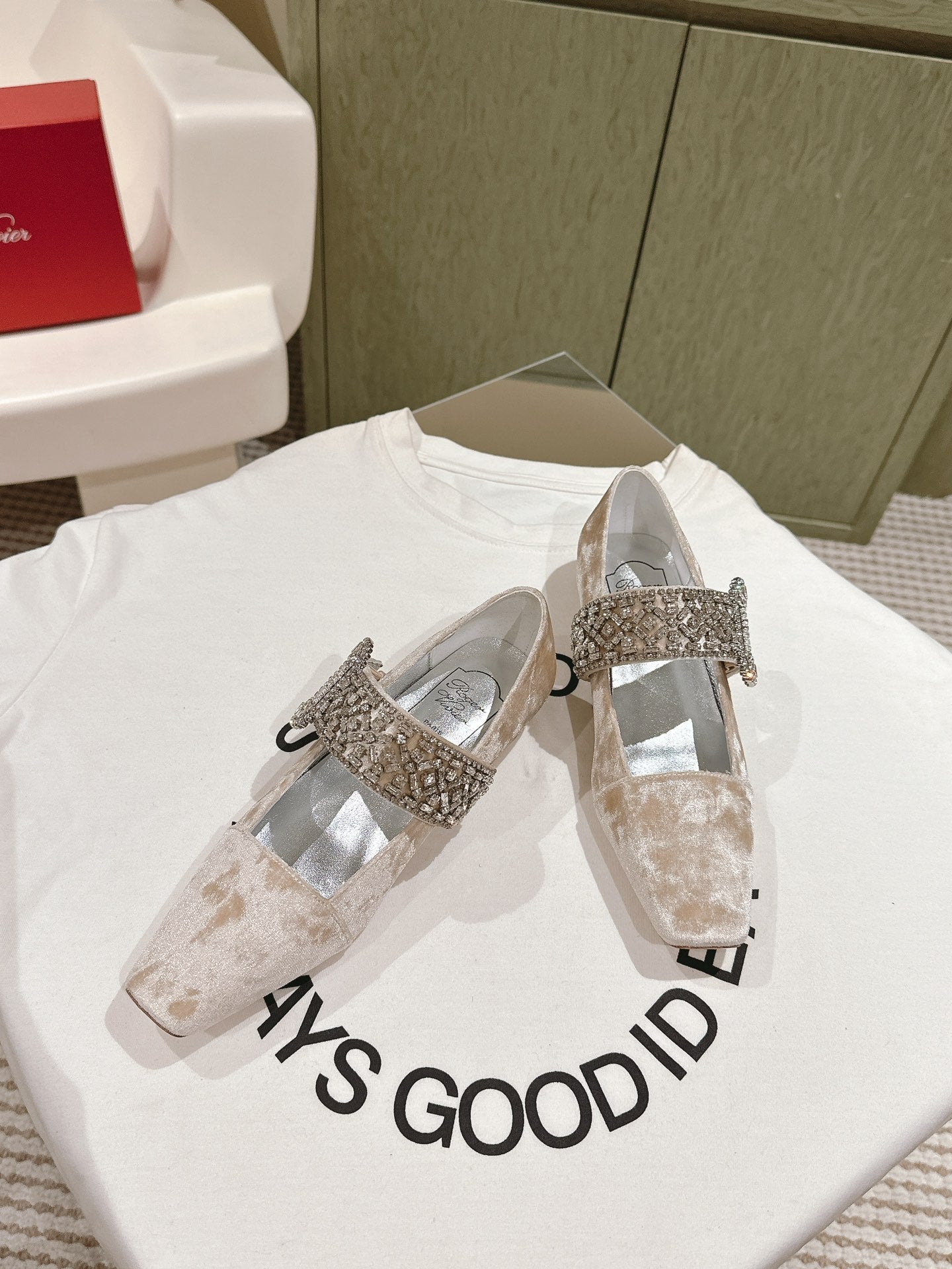 MARY JANES IN BEIGE VELVET WITH CRYSTAL EMBELLISHED STRAP - 34