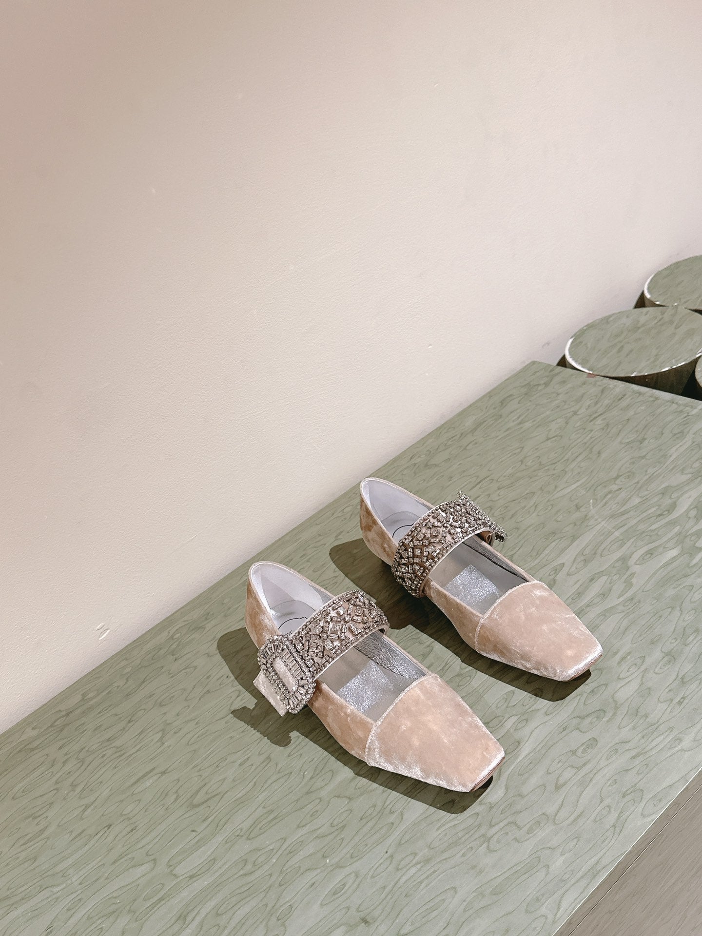 MARY JANES IN BEIGE VELVET WITH CRYSTAL EMBELLISHED STRAP - 34