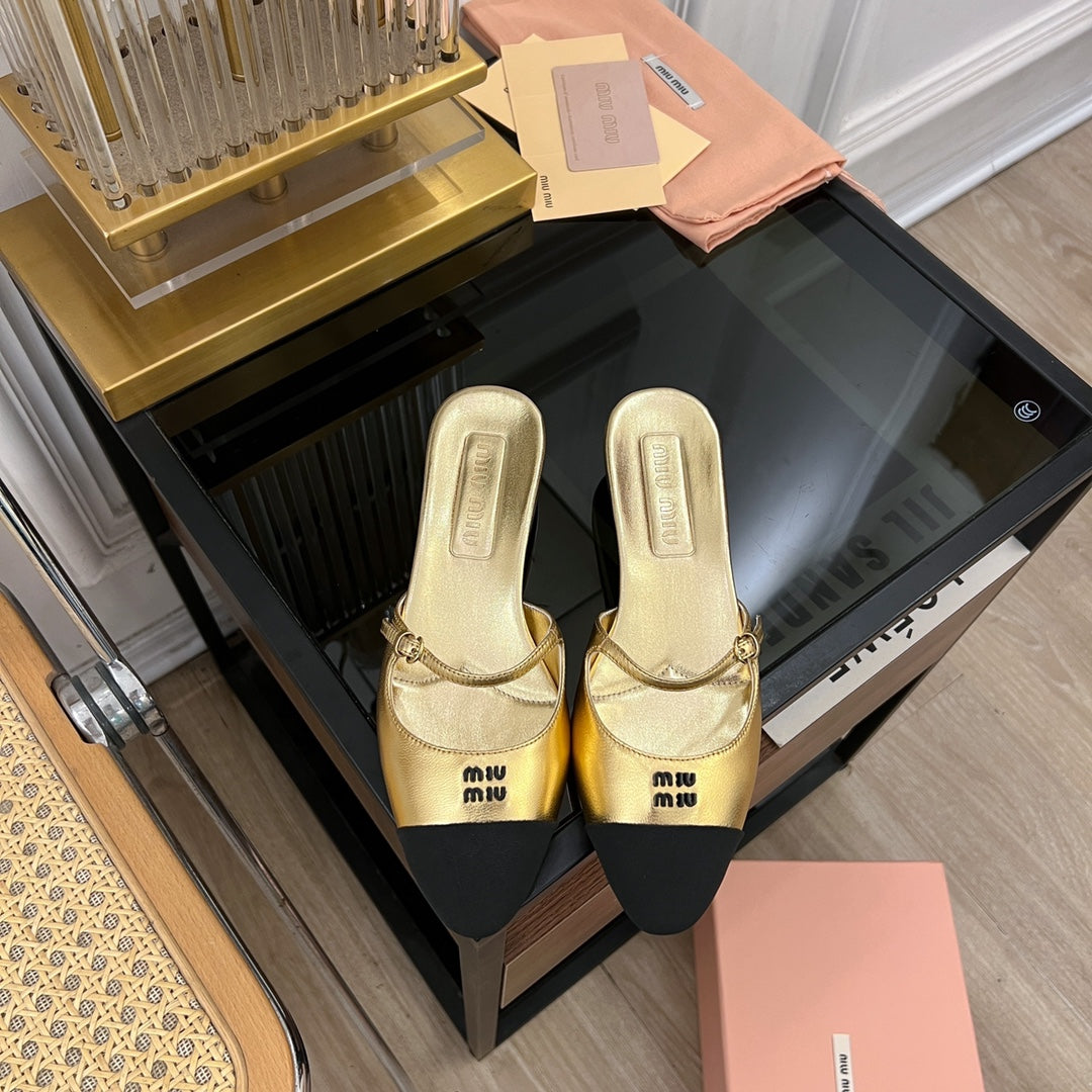 Cap Toe Mules Metallic Gold Color Sheepskin - 35