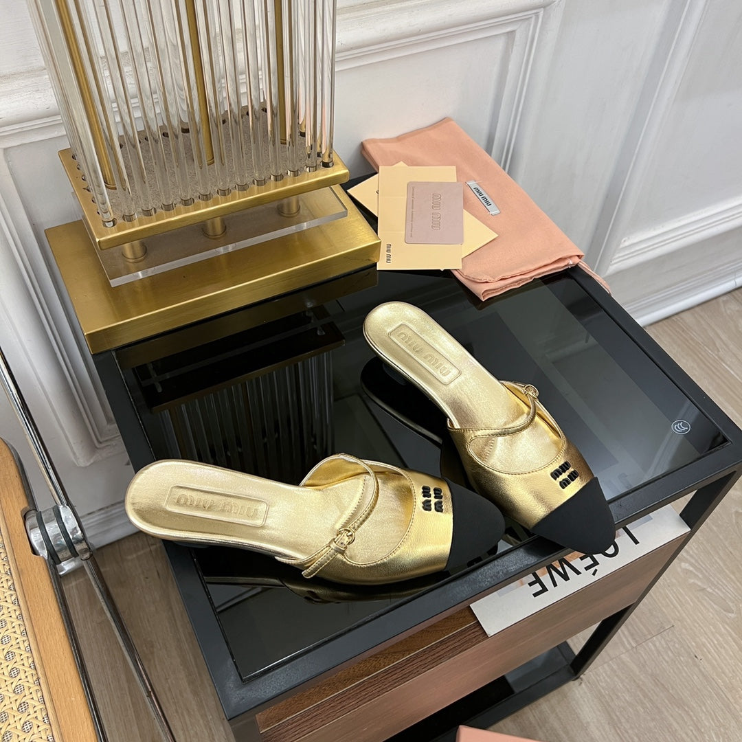 Cap Toe Mules Metallic Gold Color Sheepskin - 35