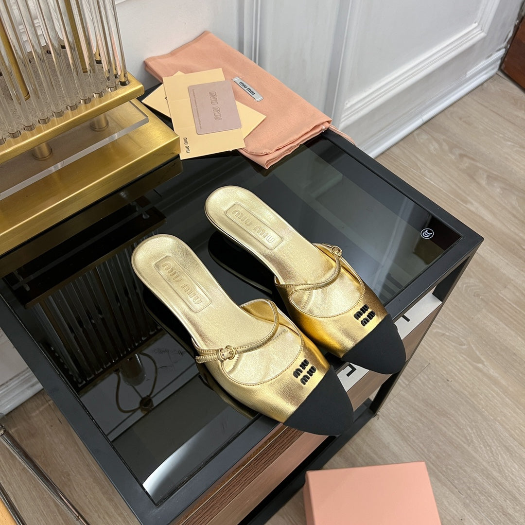 Cap Toe Mules Metallic Gold Color Sheepskin - 35