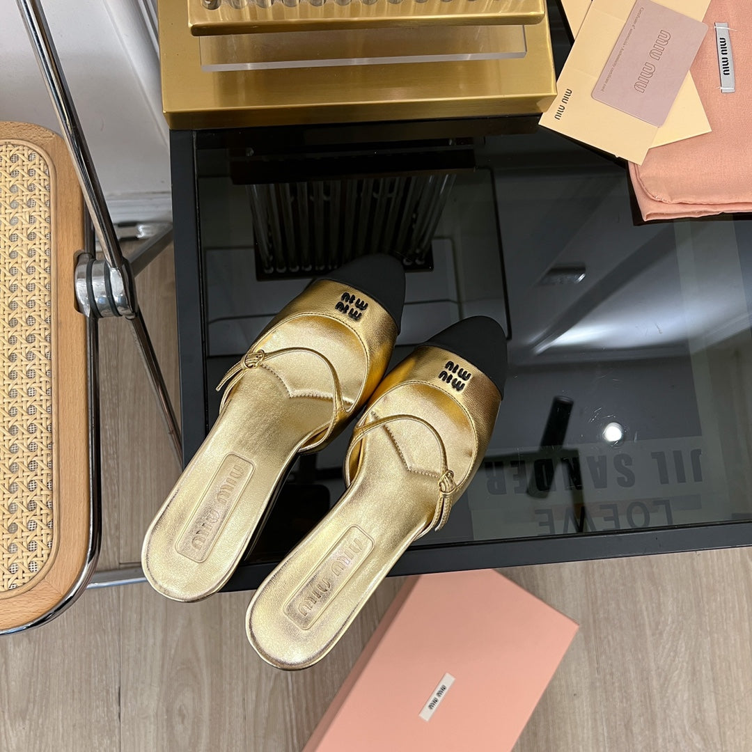 Cap Toe Mules Metallic Gold Color Sheepskin - 35