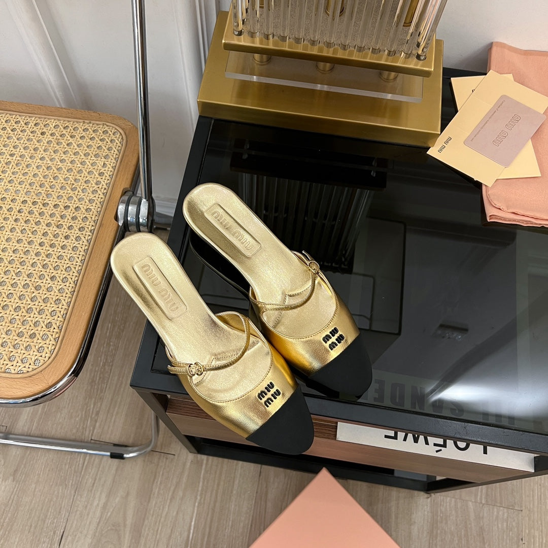 Cap Toe Mules Metallic Gold Color Sheepskin - 35