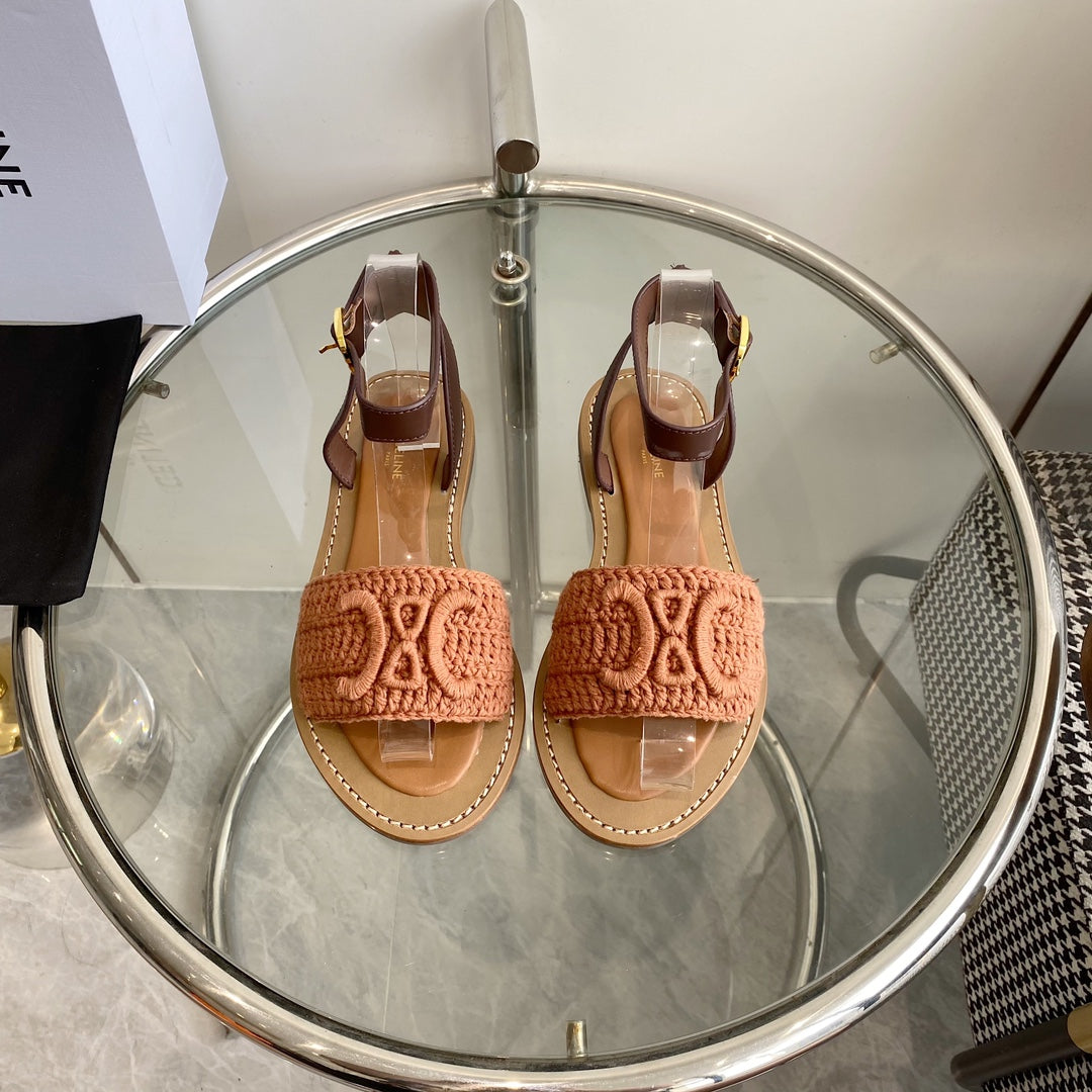 LYMPIA SANDAL IN BRONZE BROWN TRIOMPHE MACCRAMÉ COTTON AND TAN CALFSKIN - 35