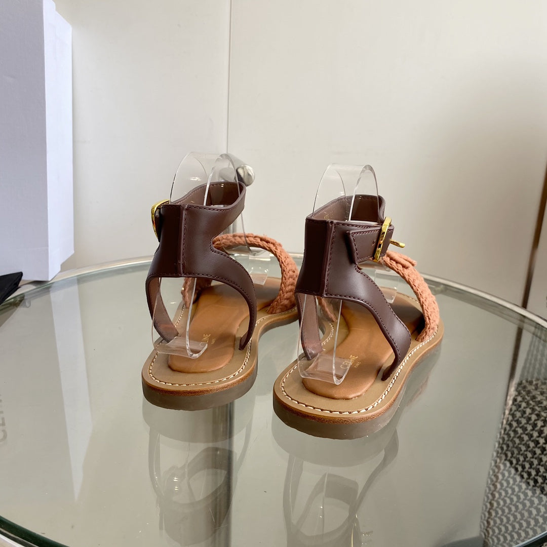 LYMPIA SANDAL IN BRONZE BROWN TRIOMPHE MACCRAMÉ COTTON AND TAN CALFSKIN - 35