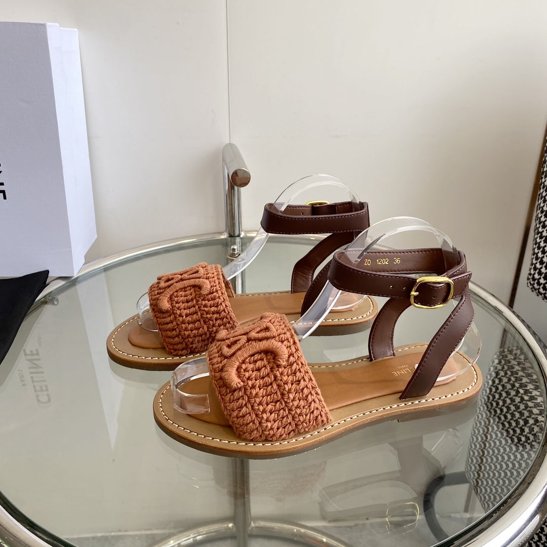 LYMPIA SANDAL IN BRONZE BROWN TRIOMPHE MACCRAMÉ COTTON AND TAN CALFSKIN - 35