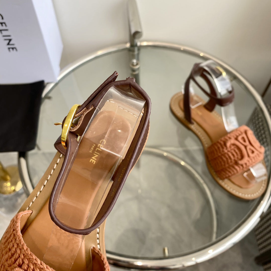 LYMPIA SANDAL IN BRONZE BROWN TRIOMPHE MACCRAMÉ COTTON AND TAN CALFSKIN - 35