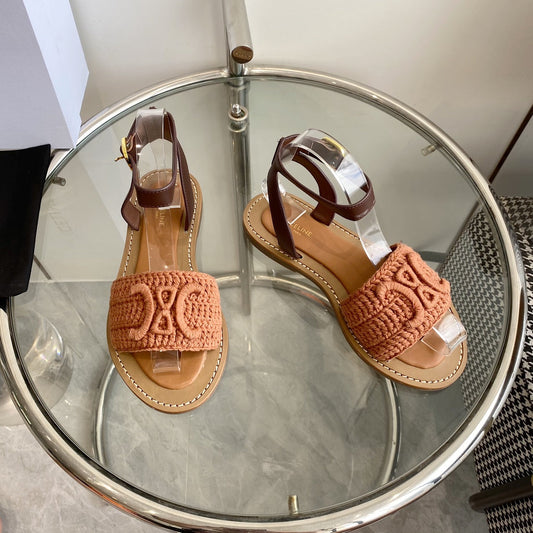 LYMPIA SANDAL IN BRONZE BROWN TRIOMPHE MACCRAMÉ COTTON AND TAN CALFSKIN - 35