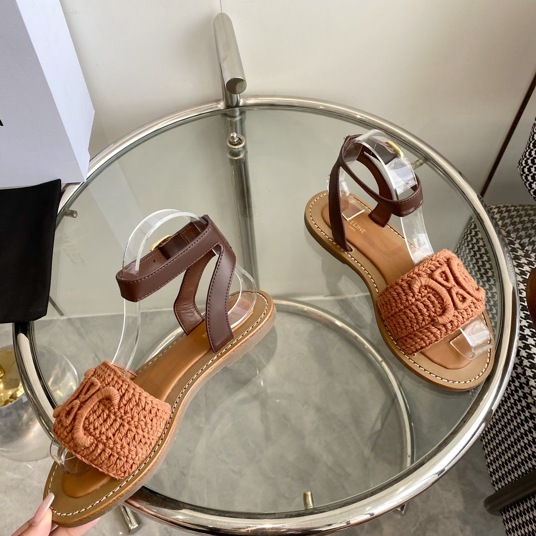 LYMPIA SANDAL IN BRONZE BROWN TRIOMPHE MACCRAMÉ COTTON AND TAN CALFSKIN - 35