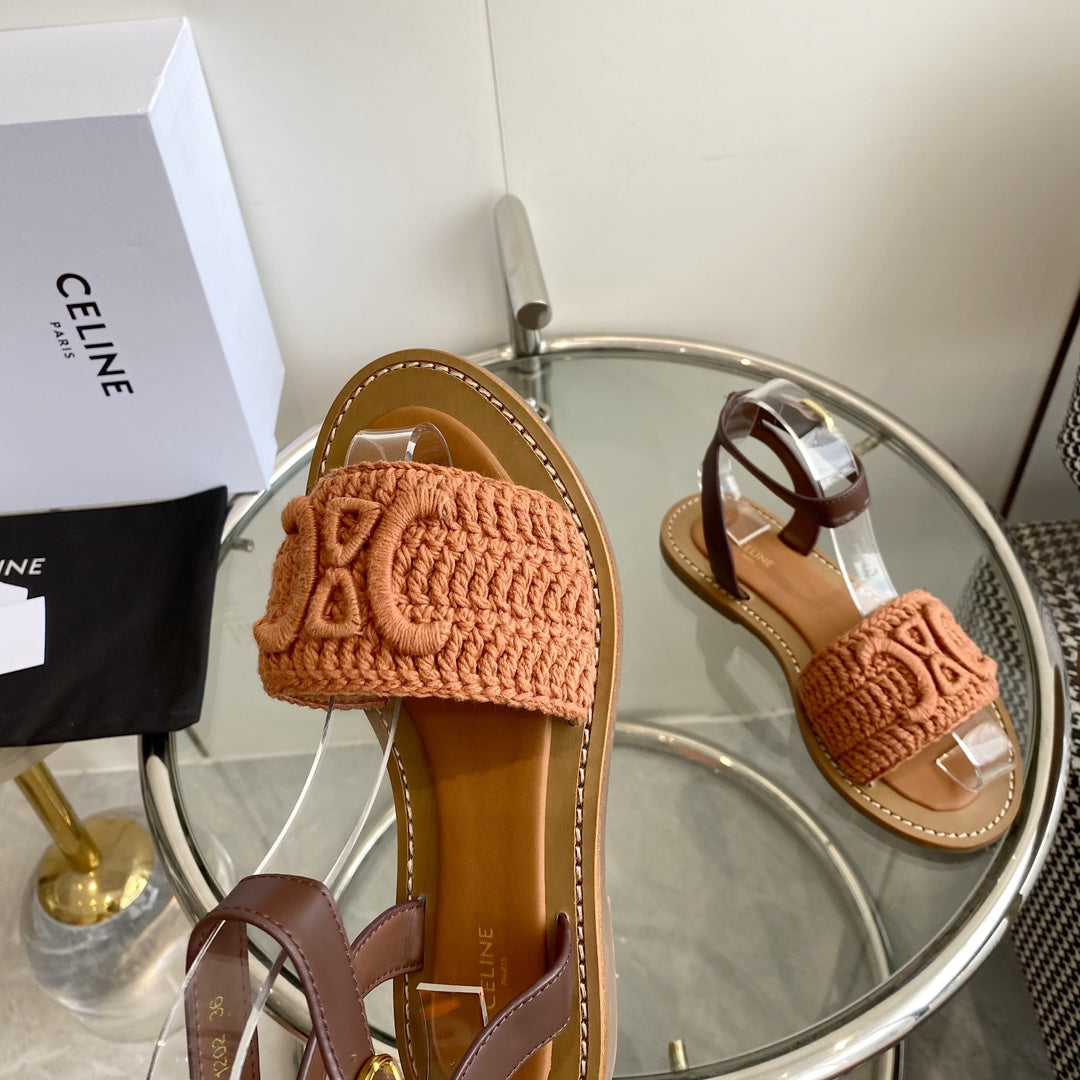 LYMPIA SANDAL IN BRONZE BROWN TRIOMPHE MACCRAMÉ COTTON AND TAN CALFSKIN - 35