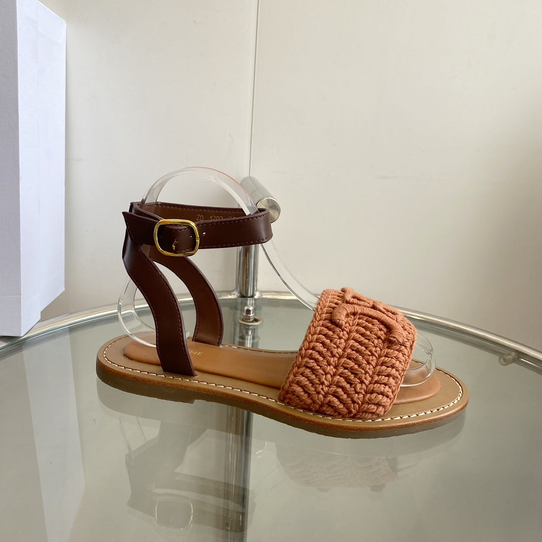 LYMPIA SANDAL IN BRONZE BROWN TRIOMPHE MACCRAMÉ COTTON AND TAN CALFSKIN - 35