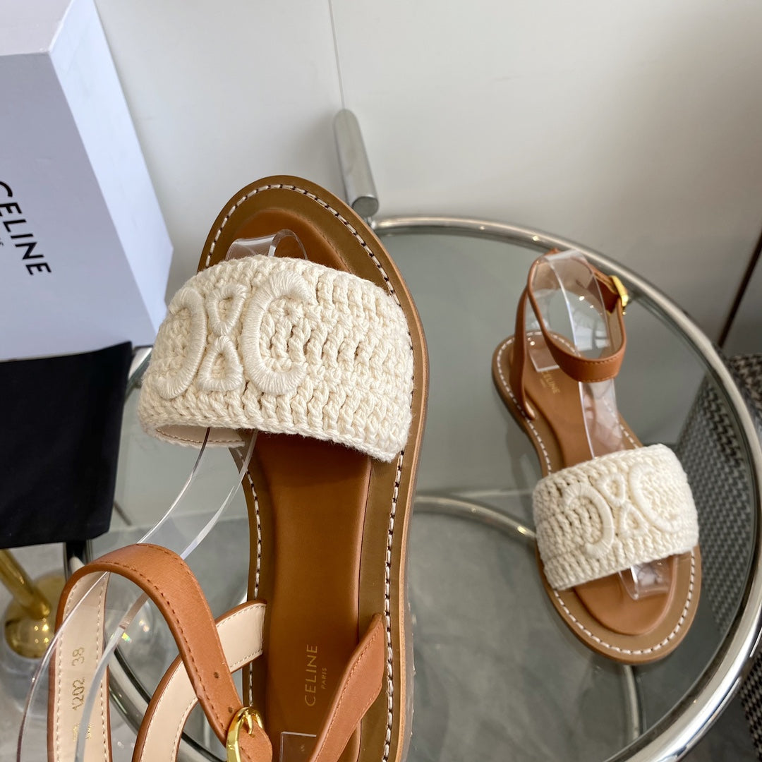 LYMPIA SANDAL IN WHITE TRIOMPHE MACCRAMÉ COTTON AND TAN CALFSKIN - 35