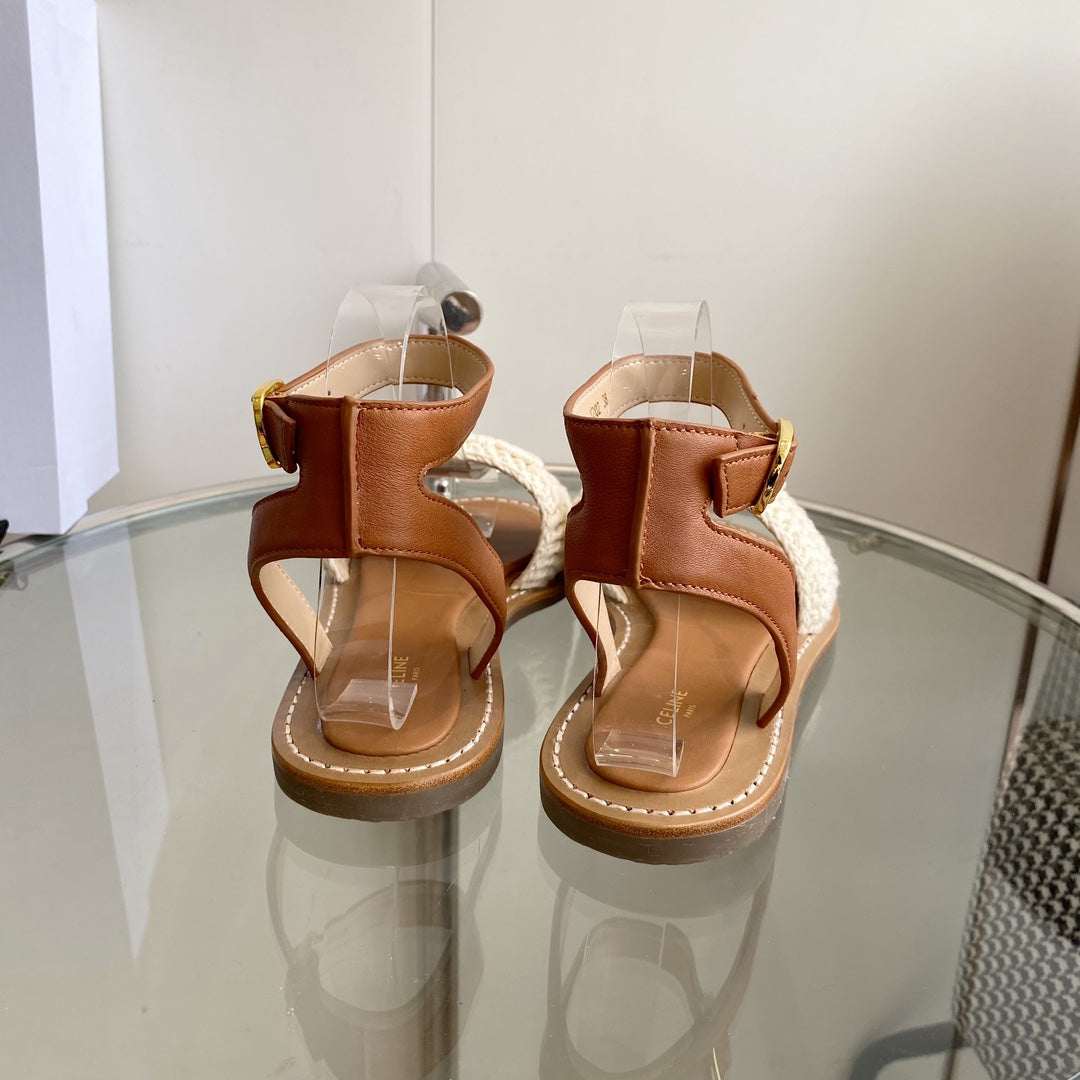 LYMPIA SANDAL IN WHITE TRIOMPHE MACCRAMÉ COTTON AND TAN CALFSKIN - 35
