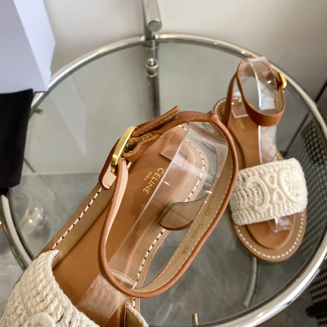LYMPIA SANDAL IN WHITE TRIOMPHE MACCRAMÉ COTTON AND TAN CALFSKIN - 35