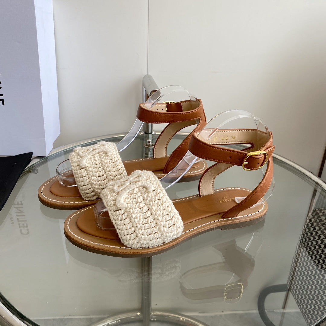 LYMPIA SANDAL IN WHITE TRIOMPHE MACCRAMÉ COTTON AND TAN CALFSKIN - 35