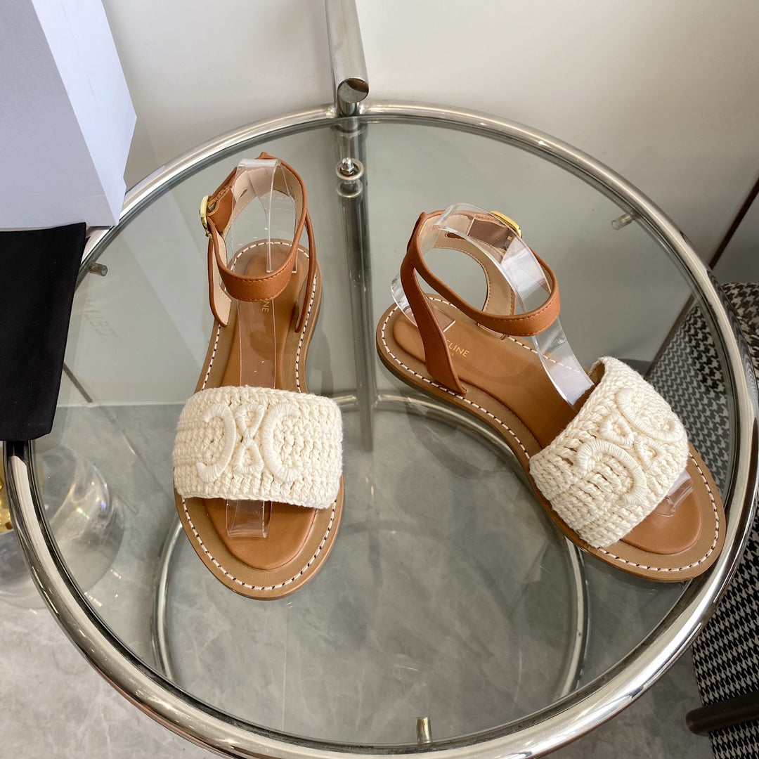 LYMPIA SANDAL IN WHITE TRIOMPHE MACCRAMÉ COTTON AND TAN CALFSKIN - 35