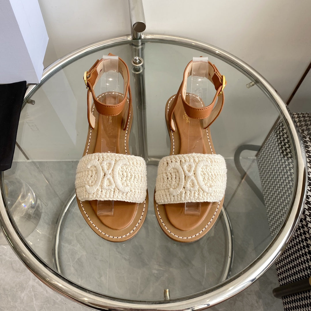 LYMPIA SANDAL IN WHITE TRIOMPHE MACCRAMÉ COTTON AND TAN CALFSKIN - 35