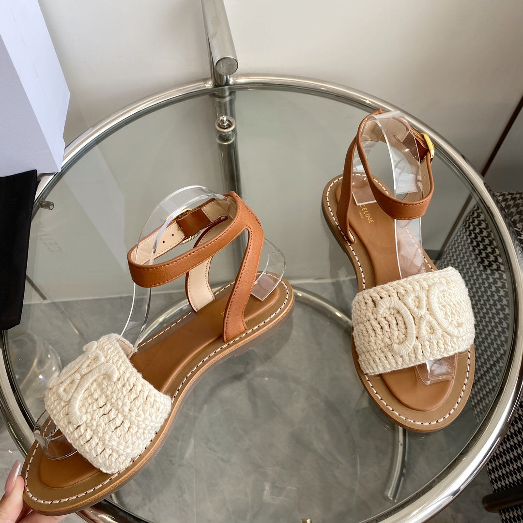 LYMPIA SANDAL IN WHITE TRIOMPHE MACCRAMÉ COTTON AND TAN CALFSKIN - 35