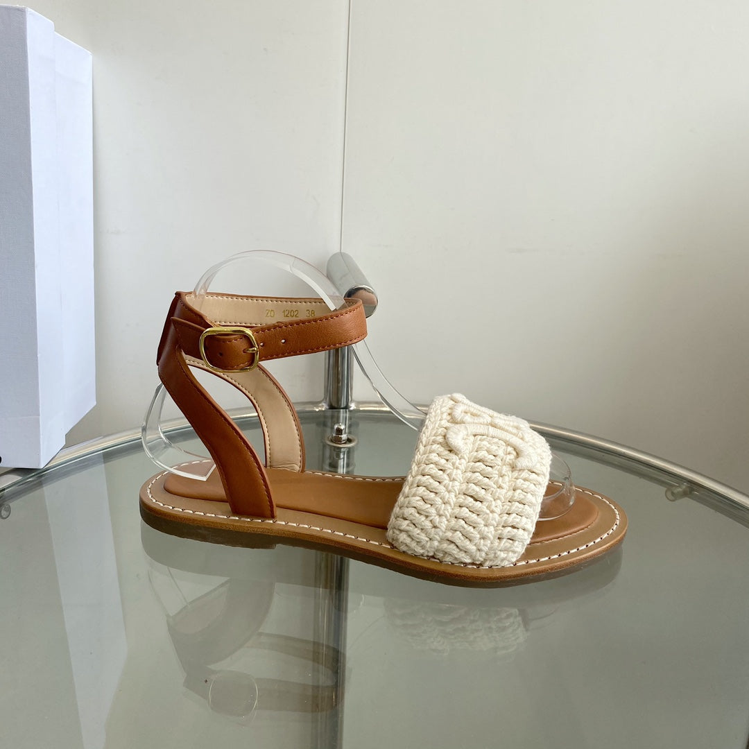 LYMPIA SANDAL IN WHITE TRIOMPHE MACCRAMÉ COTTON AND TAN CALFSKIN - 35
