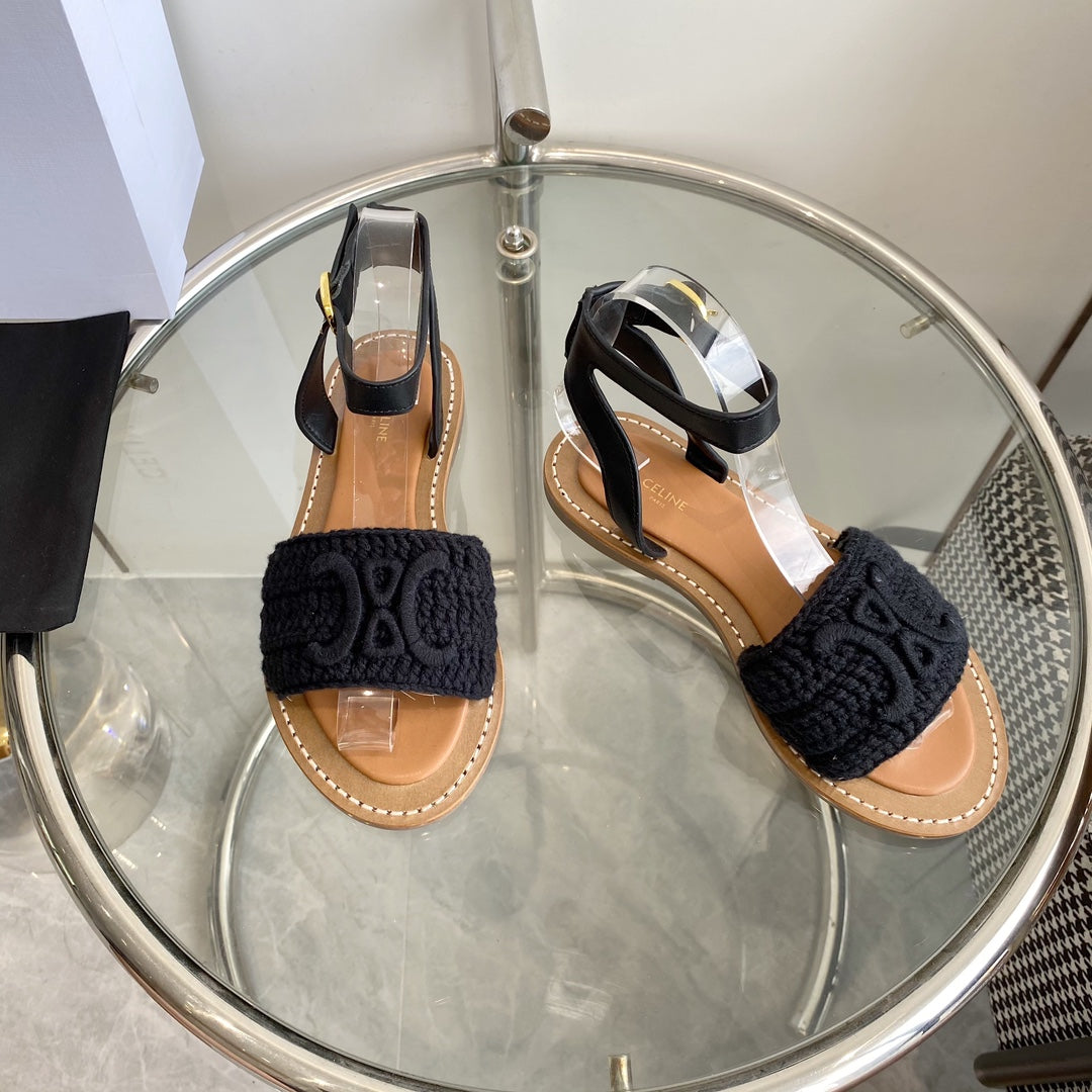 LYMPIA SANDAL IN BLACK TRIOMPHE MACCRAMÉ COTTON AND CALFSKIN - 35