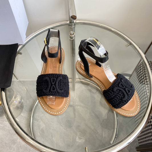 LYMPIA SANDAL IN BLACK TRIOMPHE MACCRAMÉ COTTON AND CALFSKIN - 35