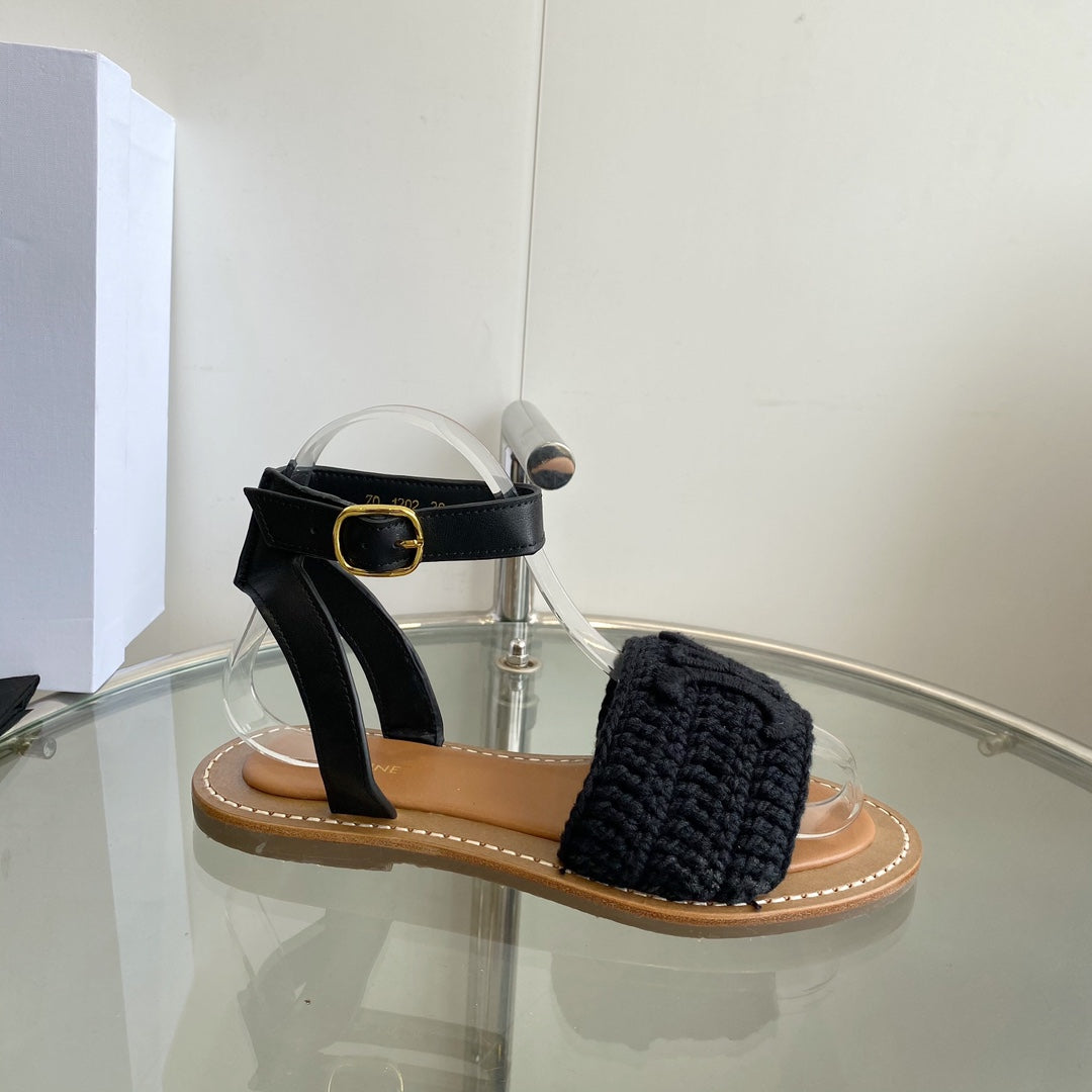 LYMPIA SANDAL IN BLACK TRIOMPHE MACCRAMÉ COTTON AND CALFSKIN - 35