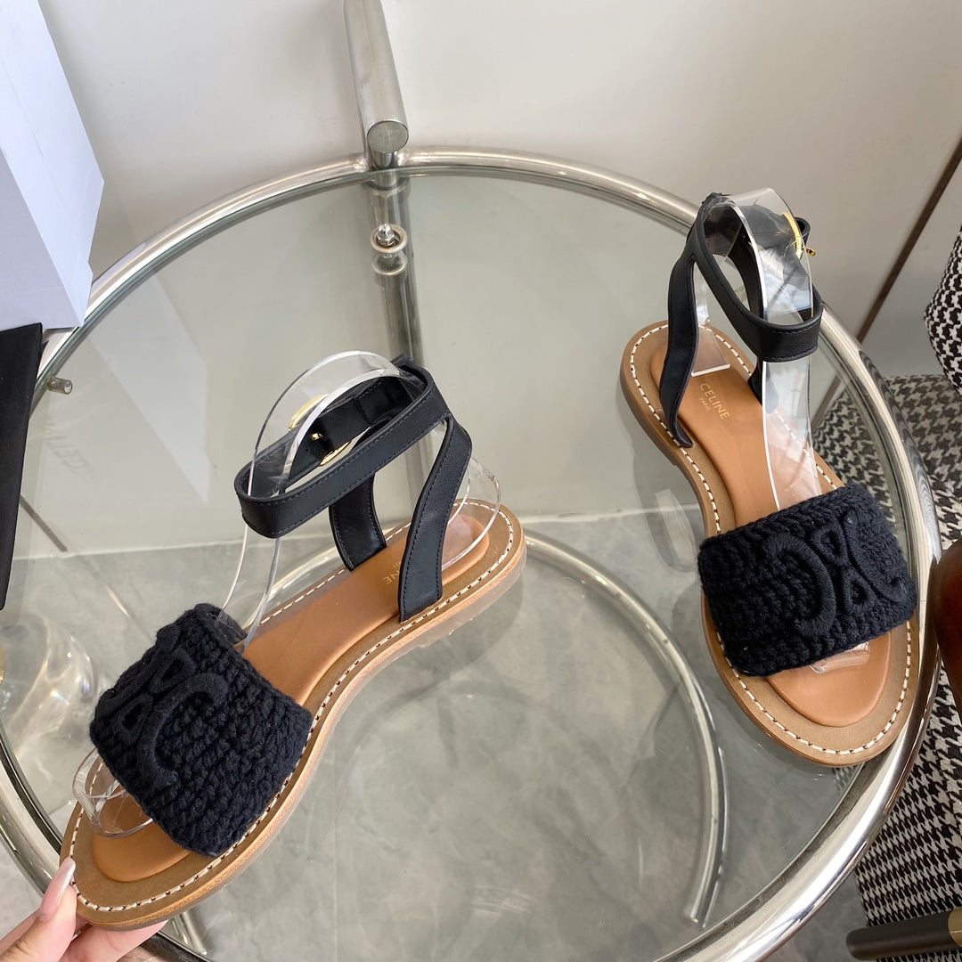 LYMPIA SANDAL IN BLACK TRIOMPHE MACCRAMÉ COTTON AND CALFSKIN - 35